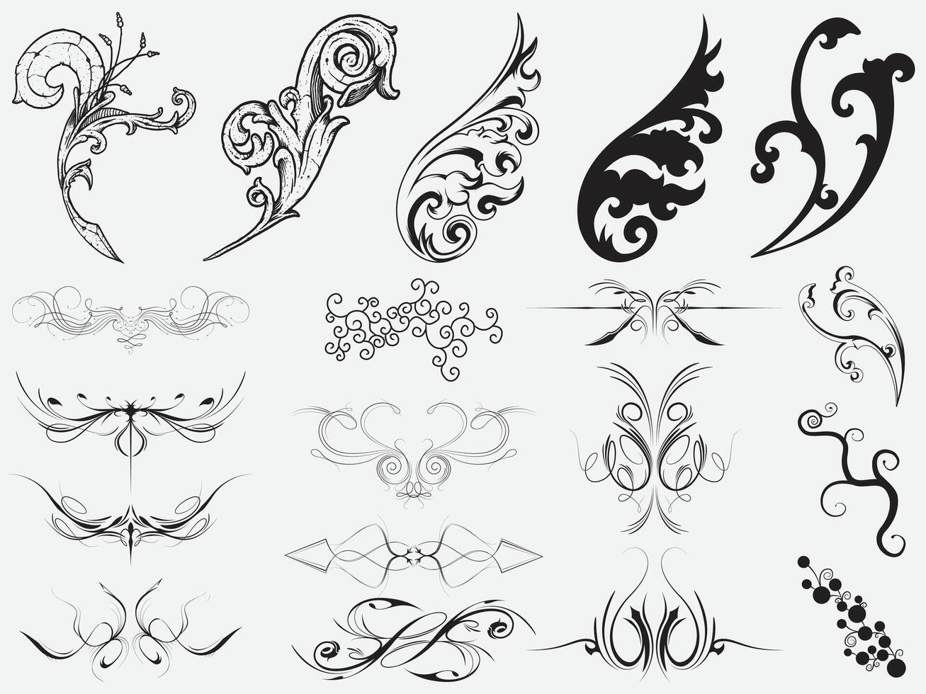 vintage ornament set. art deco floral ornaments elements, ornamental curls, swirls. vector