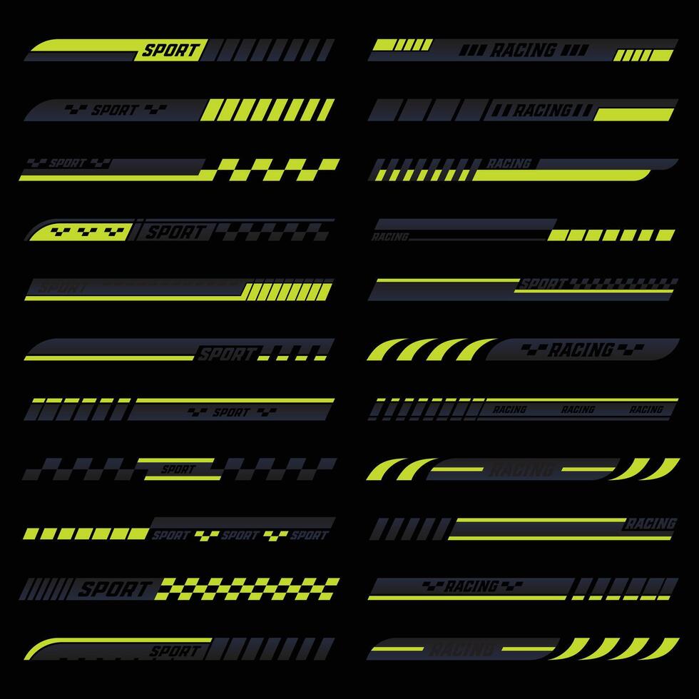 Sports racing stripes. Modern race modification mark, elegant futuristic techno decals for bike car and motorcycle. set. Motor vehicle stickers.. vector