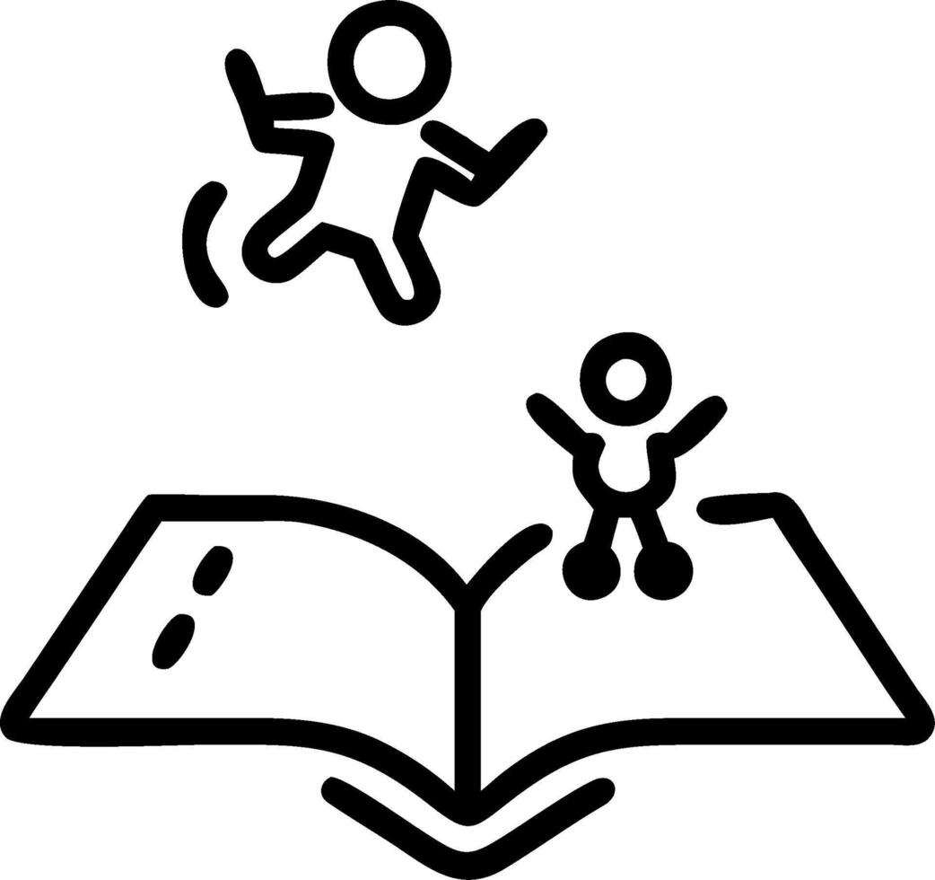 A black and white illustration of a book with a person flying over it vector