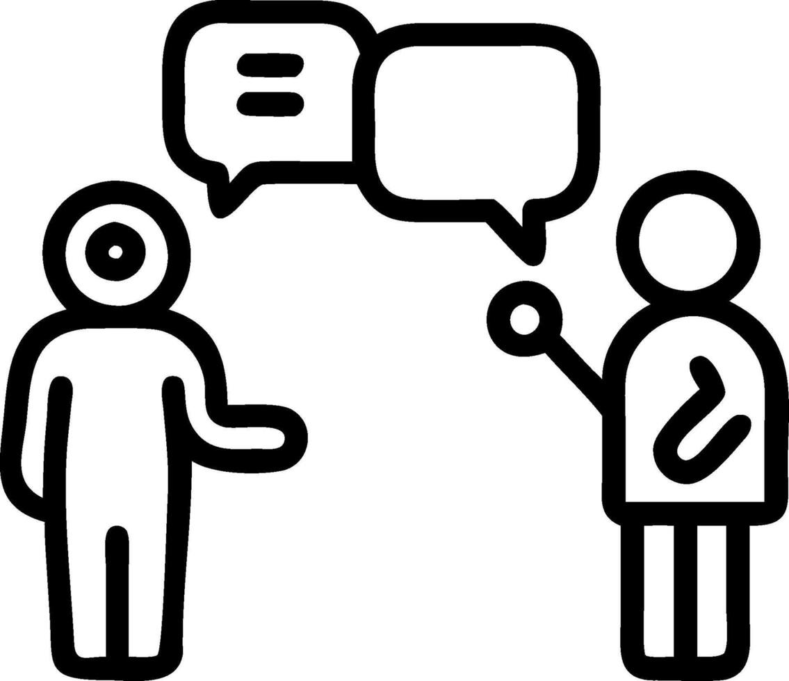 A black and white drawing of two people talking vector