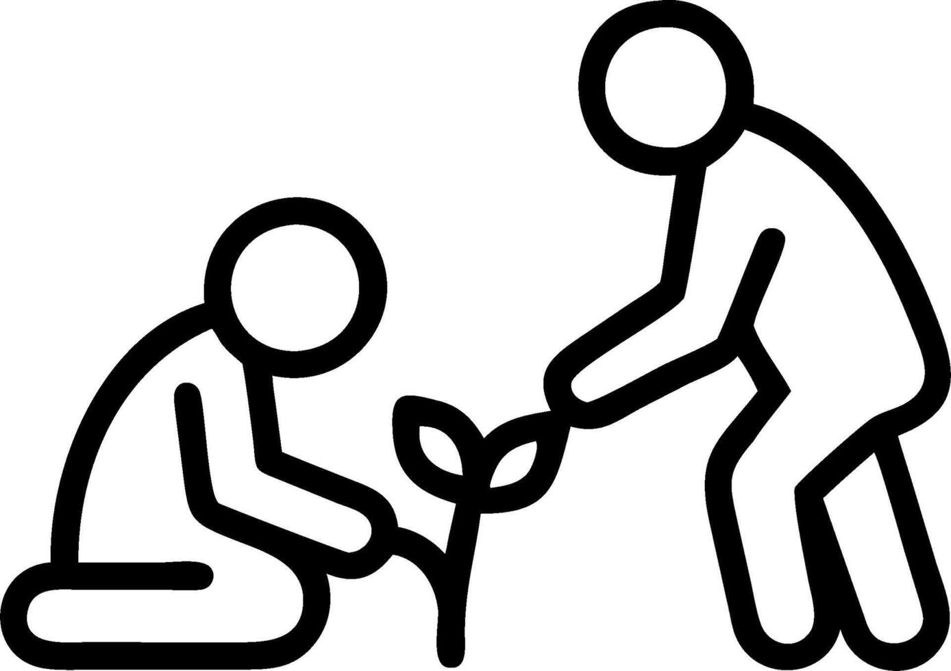 A black and white image of two people planting a plant vector