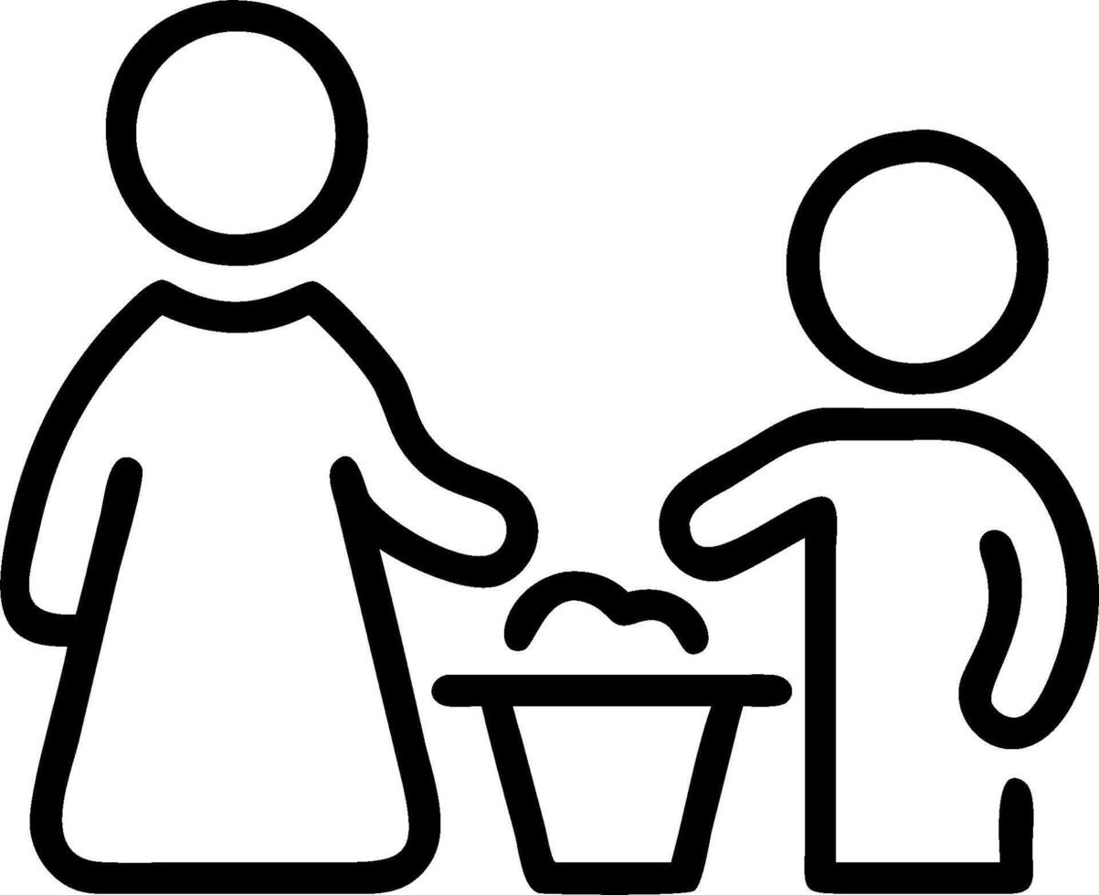 A woman and child are standing next to a bucket vector