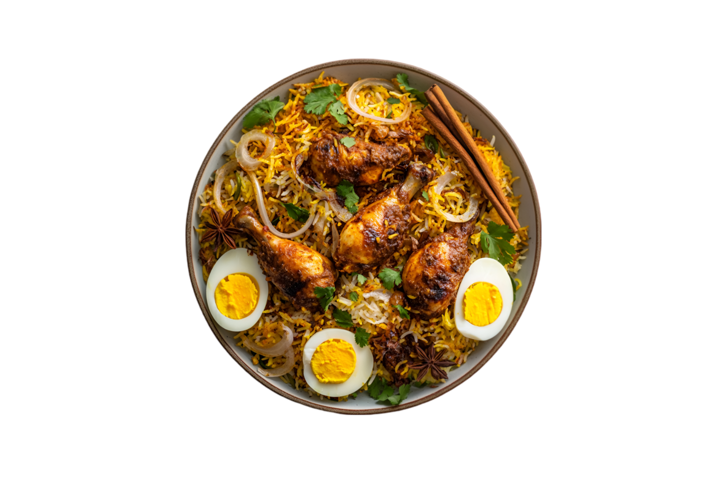 Chicken biryani with boiled eggs and spices on a plate isolated on a transparent background png