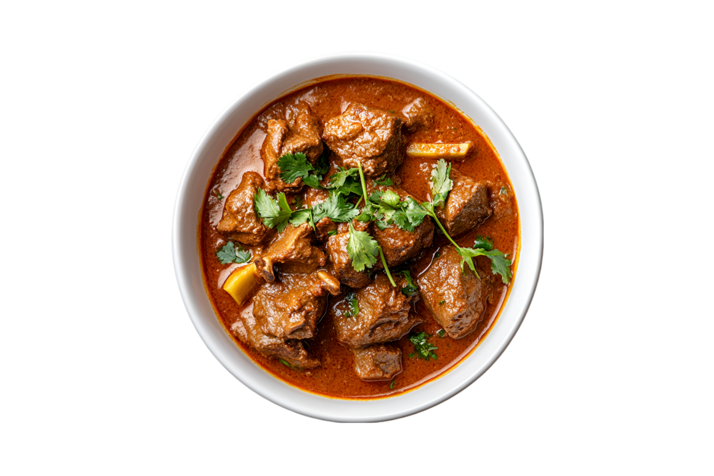 Spicy lamb curry in a bowl with a transparent background png