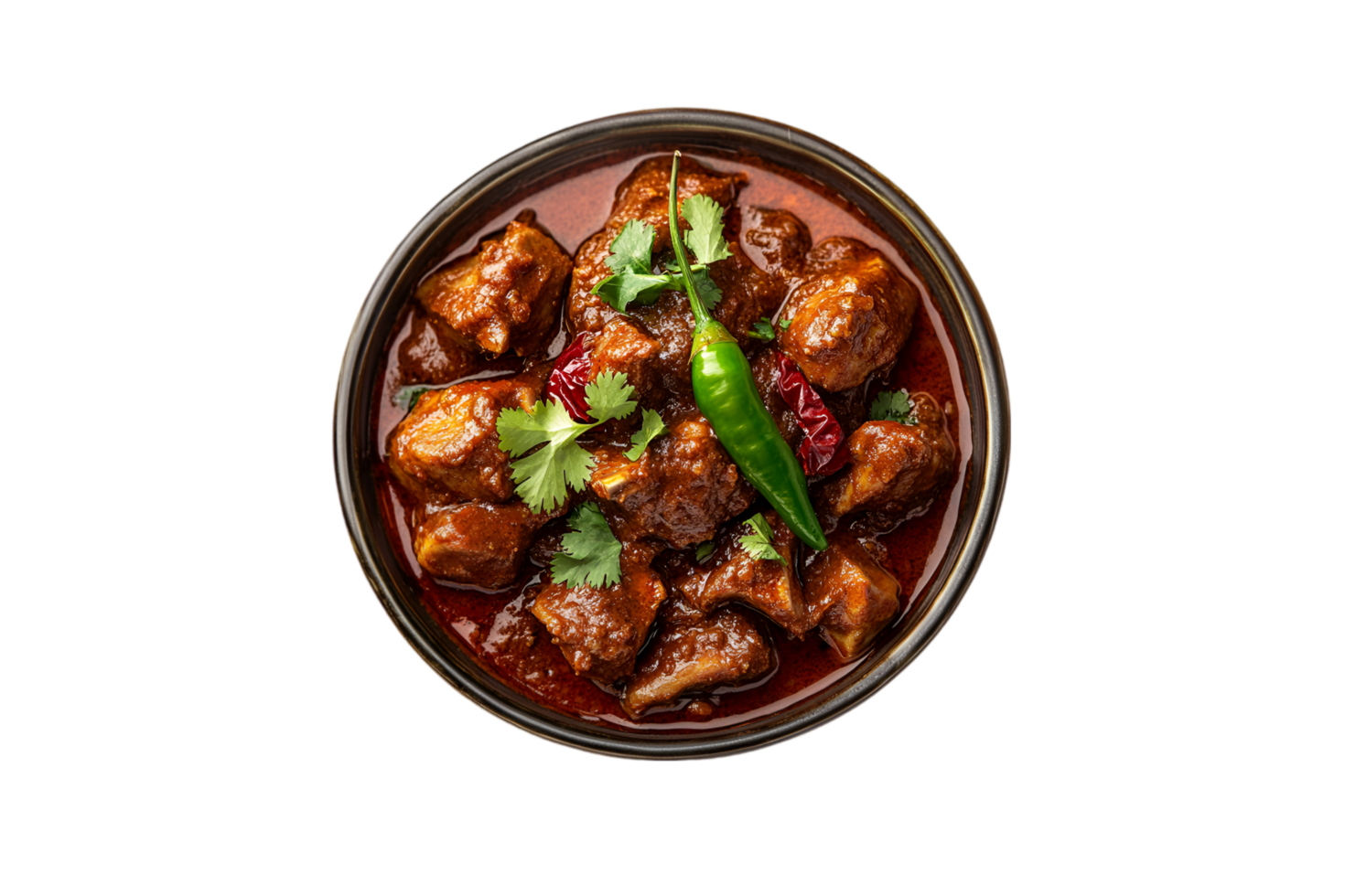 Spicy chicken curry with chili peppers in a bowl on a transparent background png