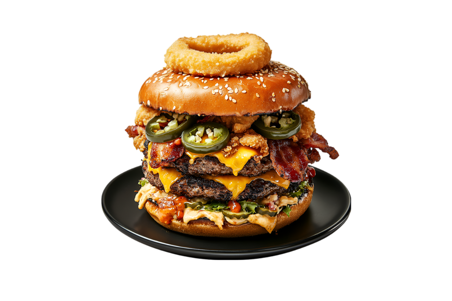 Double cheeseburger with bacon and onion rings isolated on a transparent background png