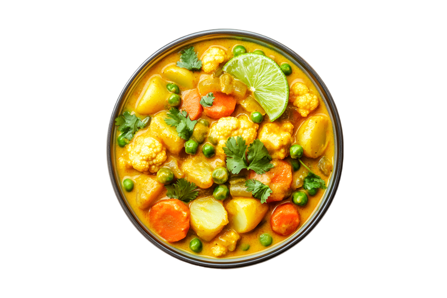 Vegetable curry with peas, potatoes, and lime in a bowl on a transparent background png
