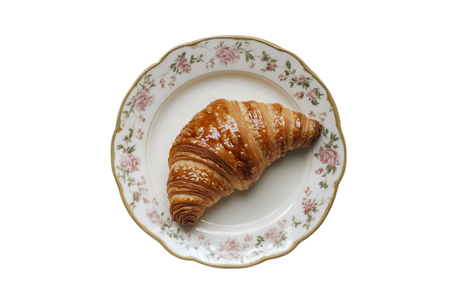 Croissant on a floral patterned plate with a transparent background png