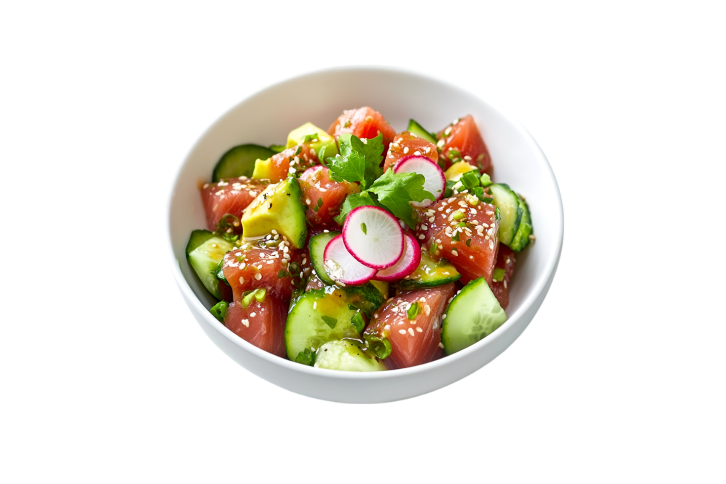 Tuna poke bowl with cucumber radish and sesame seeds isolated on a transparent background png