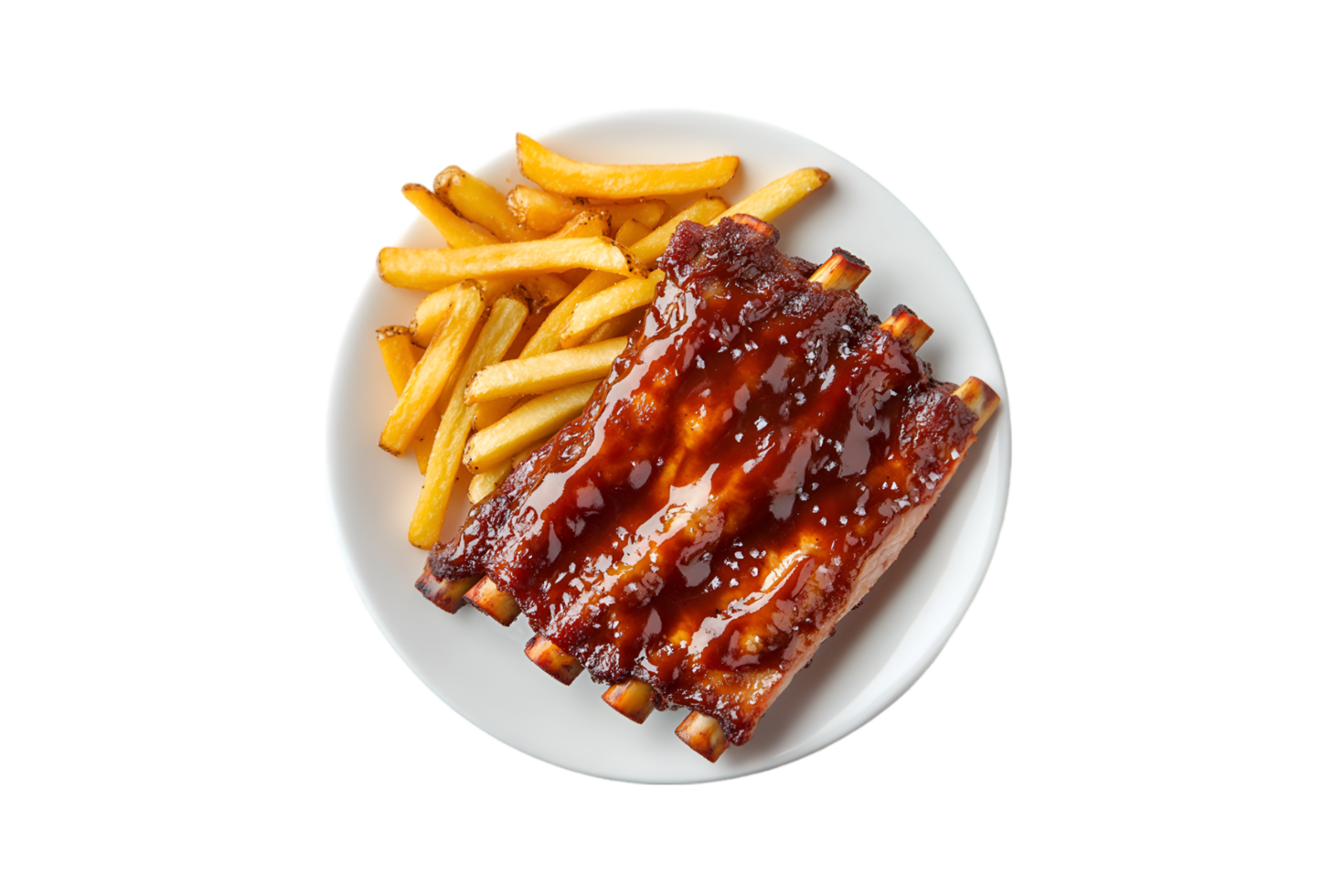 Grilled barbecue ribs with french fries on a plate isolated on a transparent background png