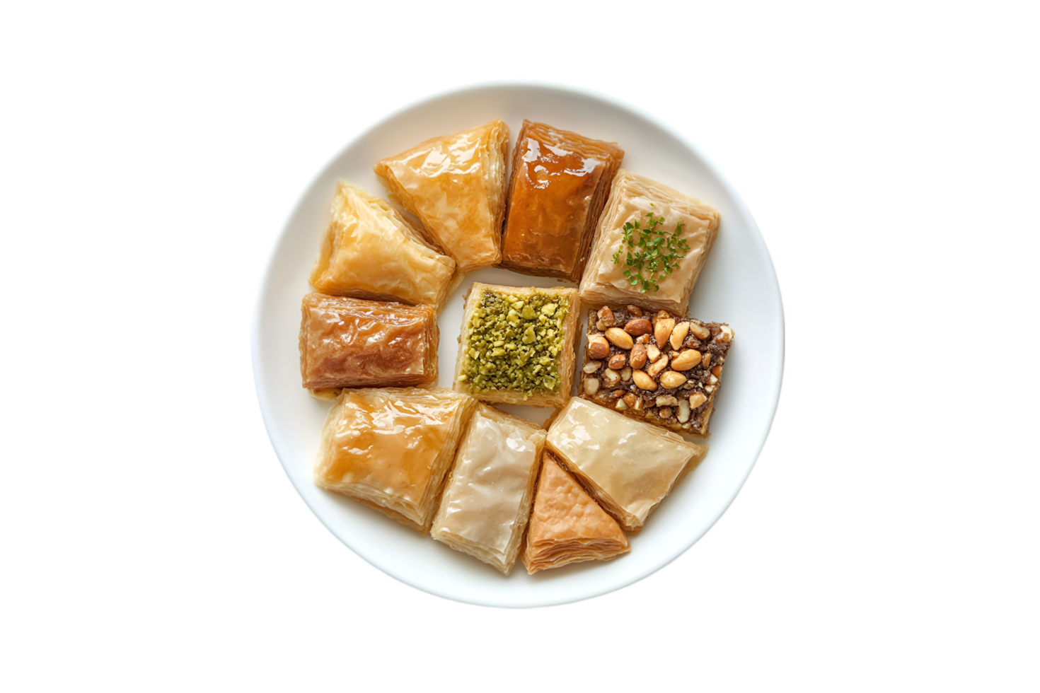 Assorted baklava on a plate isolated on a transparent background png