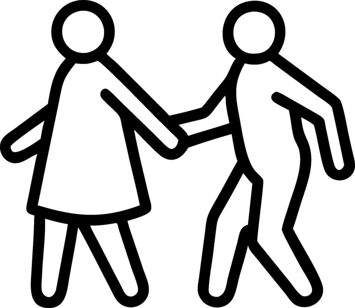 A black and white drawing of two people walking vector
