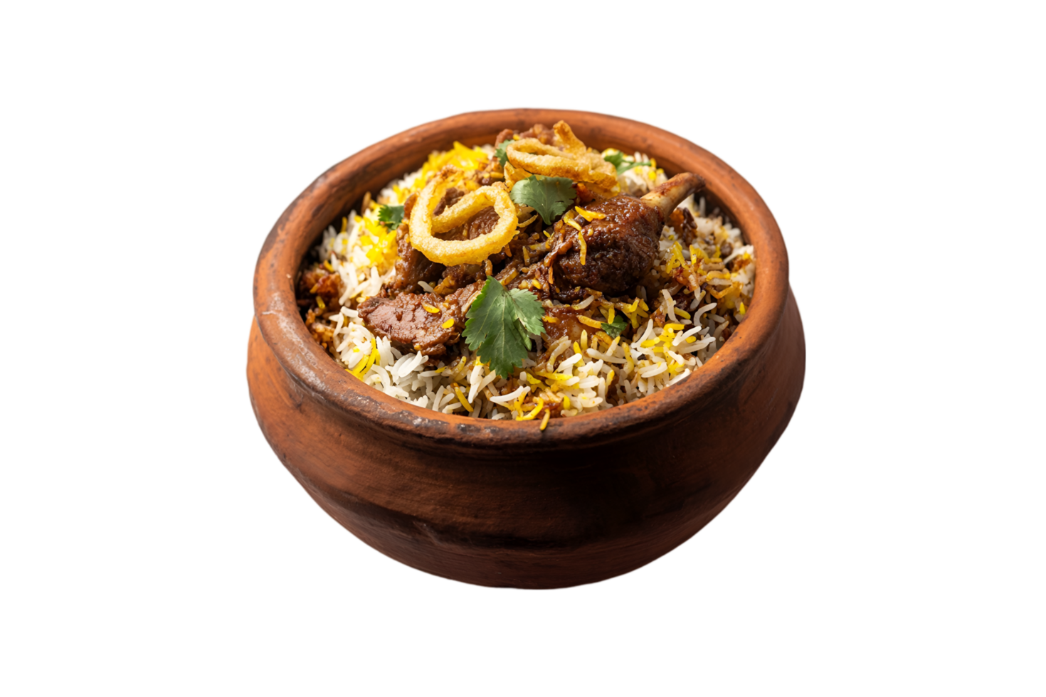 Mutton biryani in a clay pot isolated on a transparent background png
