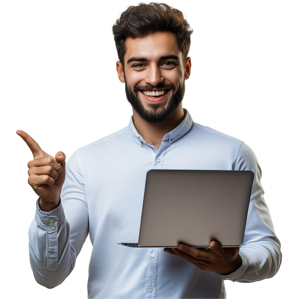 A man with a laptop pointing up png