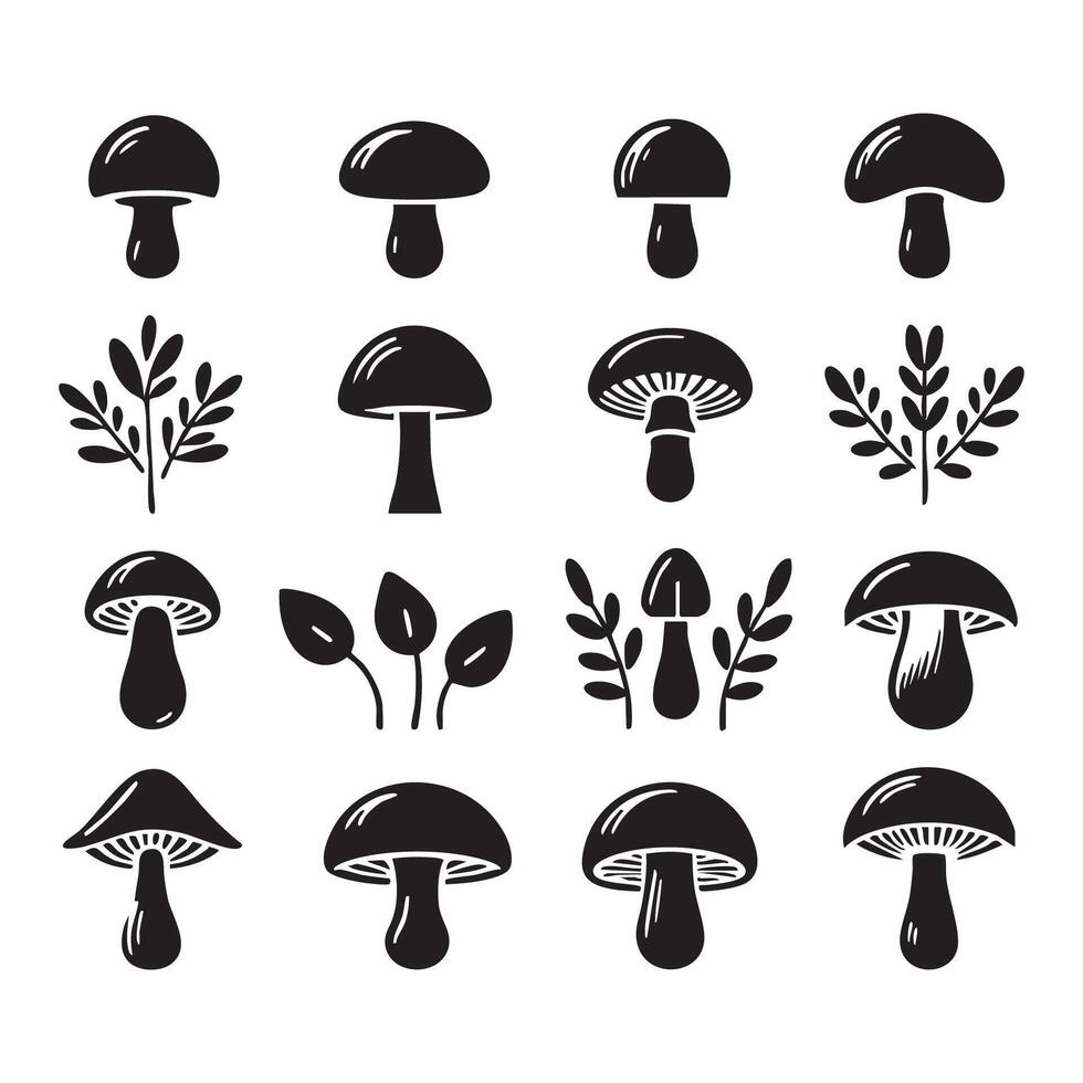 Mushroom silhouettes spread on a plain white backdrop vector