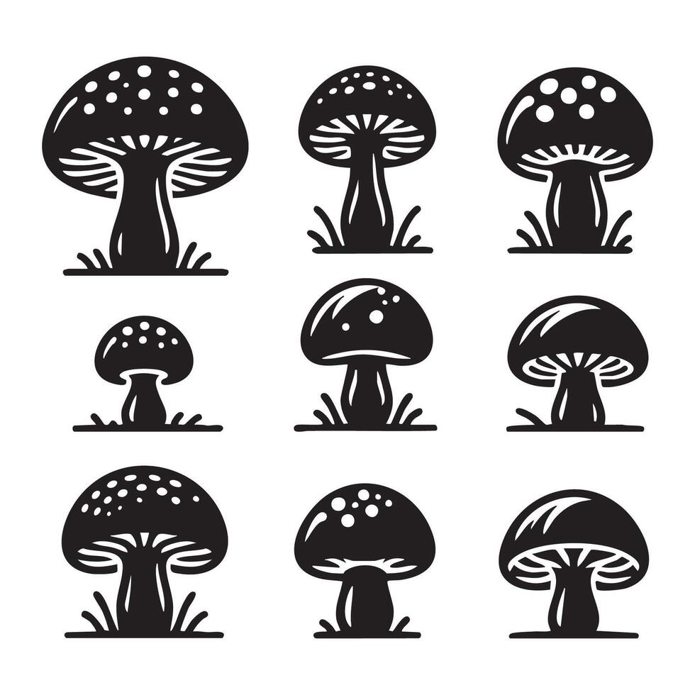 Compilation of mushroom silhouettes against a white backdrop vector