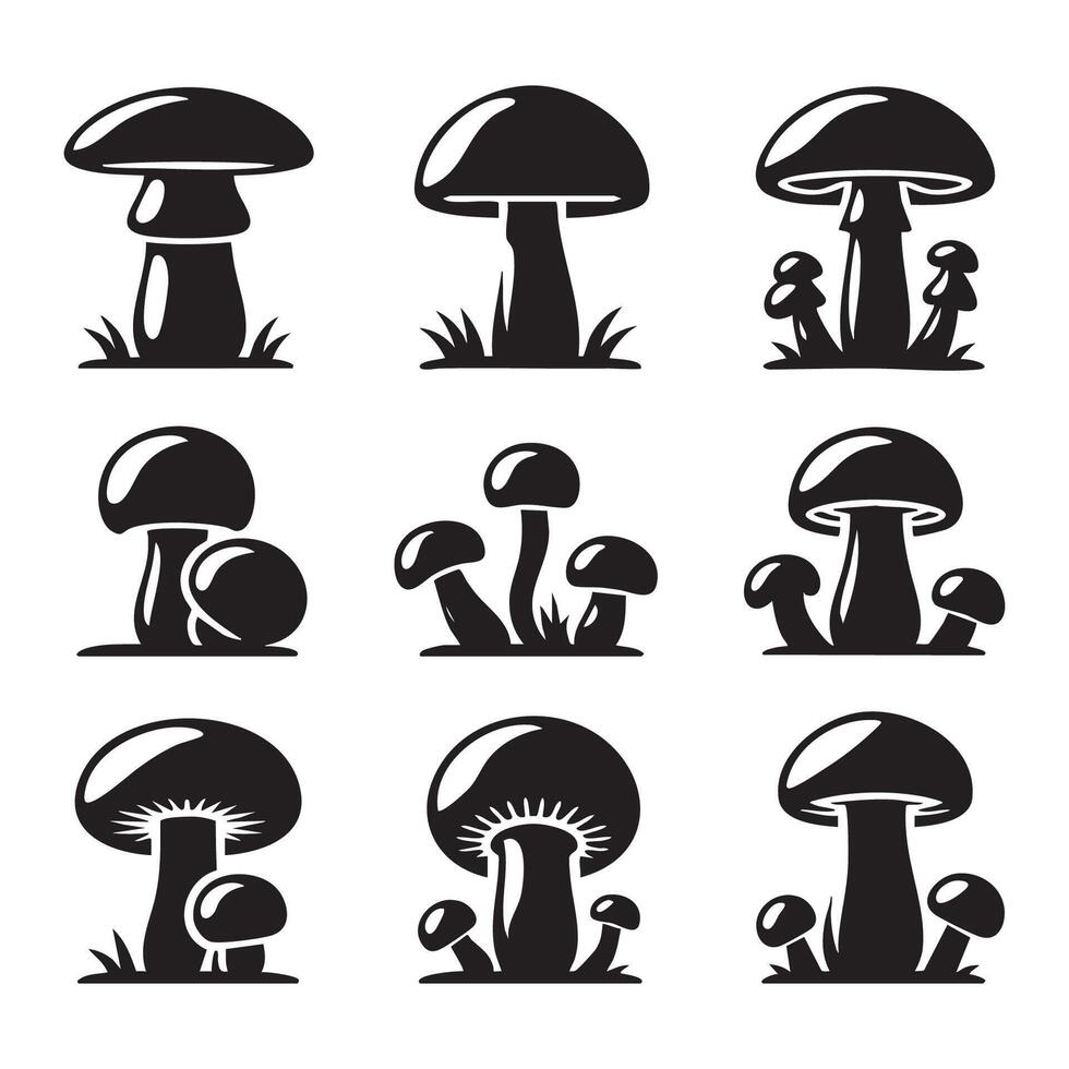Group of fungi silhouettes showcased on white background vector