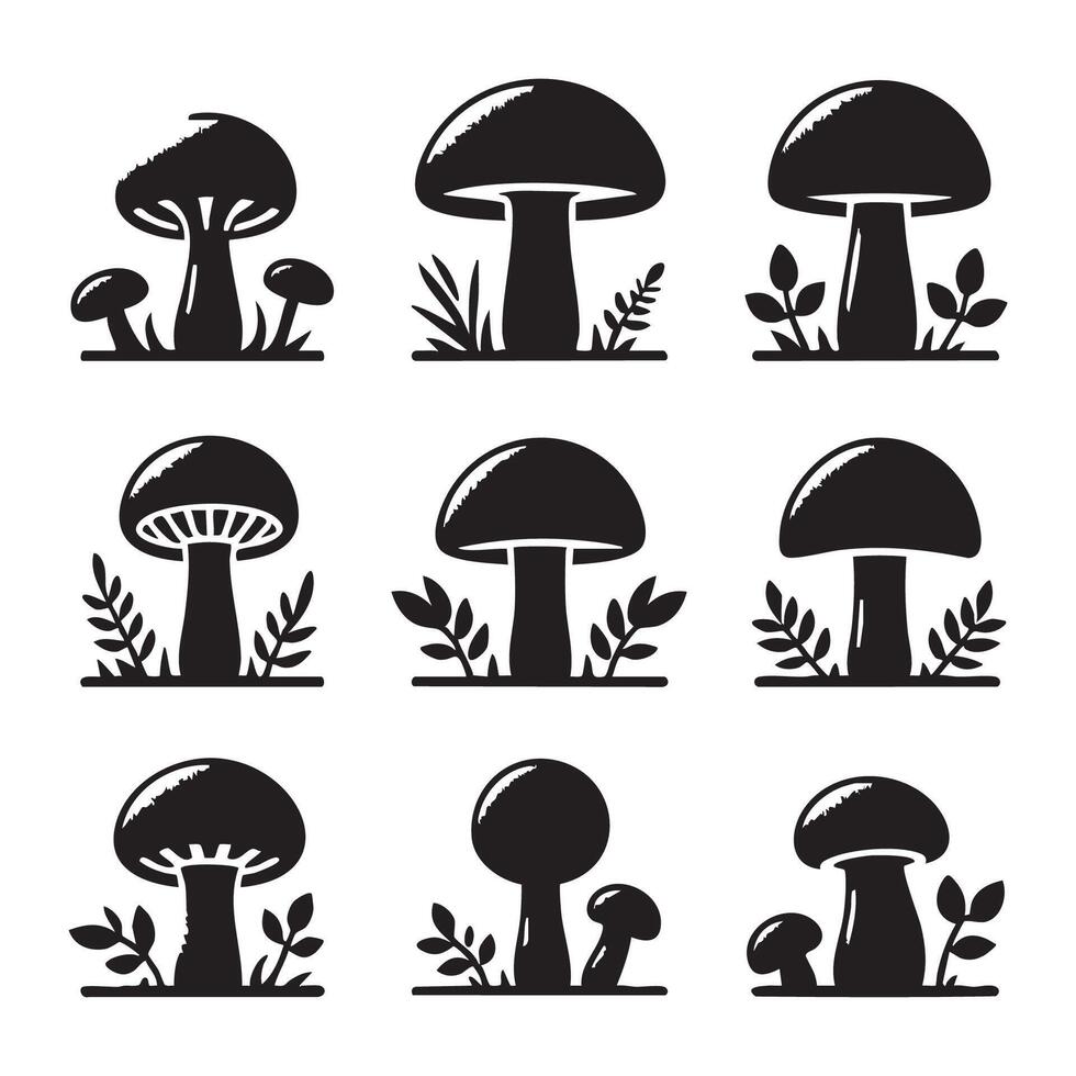 A variety of mushroom shapes silhouetted on white surface vector