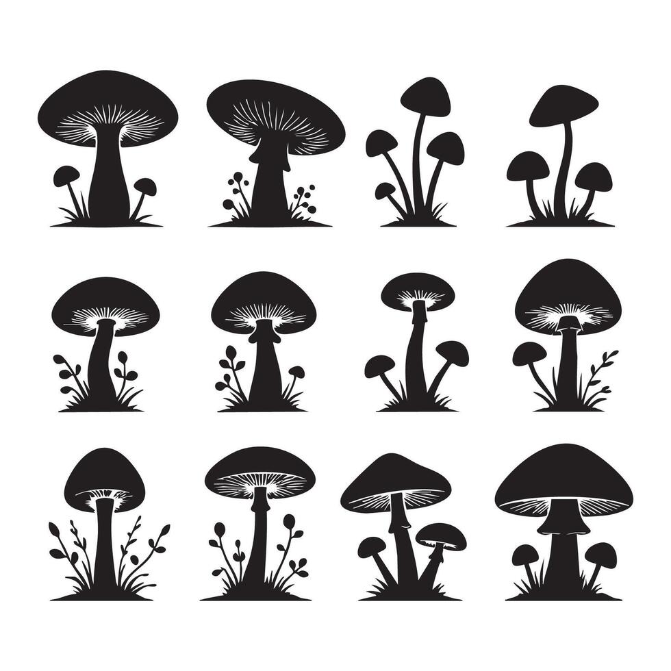 Assortment of mushroom silhouettes positioned on a white background vector