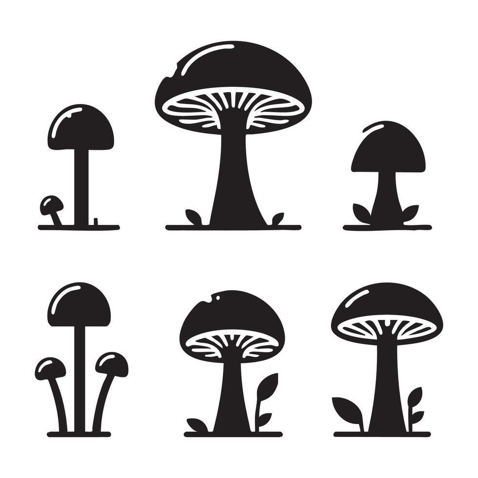 Array of various mushroom silhouettes on a white background vector