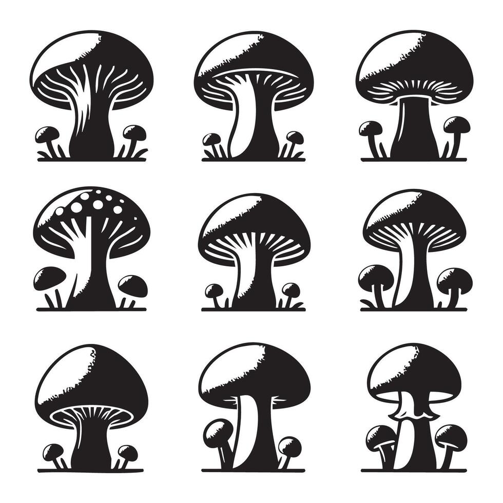 Mushroom silhouettes arrayed on a bright white surface vector