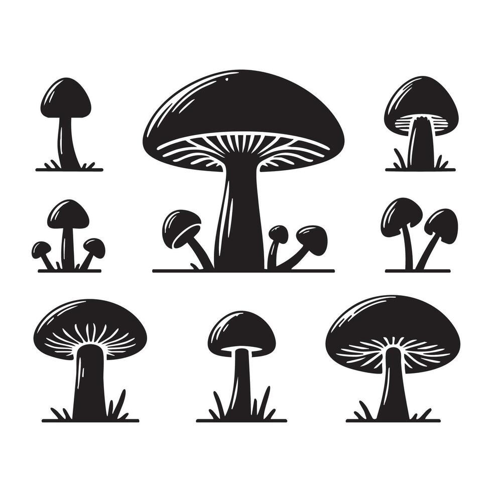 Mushroom silhouettes aligned on a clear white background vector