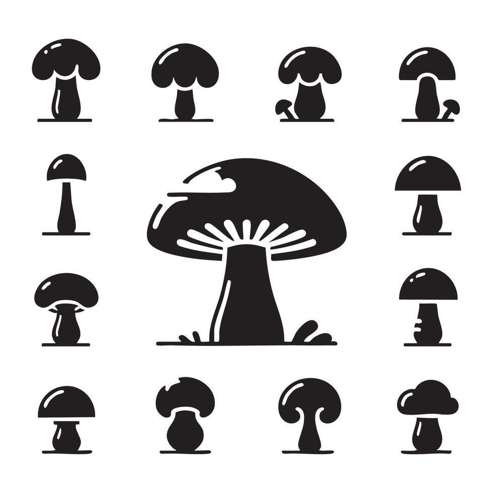 Collage of mushroom silhouettes on a simple white background vector