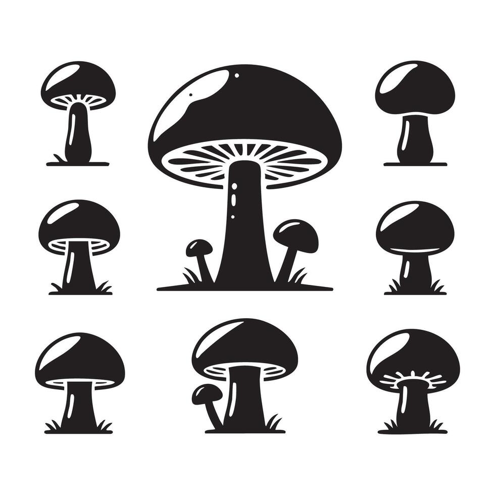 Showcase of mushroom silhouettes positioned on white vector