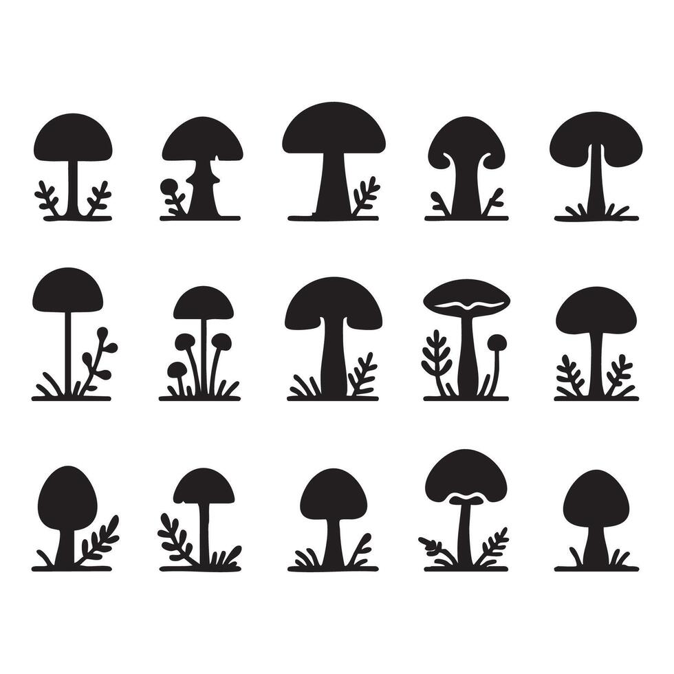 Mushroom shapes silhouetted in black on a clean white backdrop vector