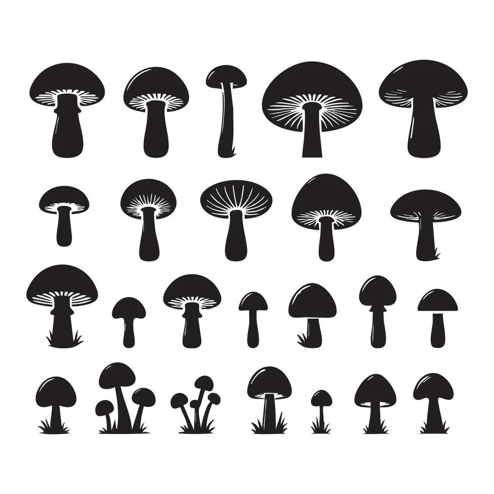 Display of varied mushroom silhouettes on white backdrop vector