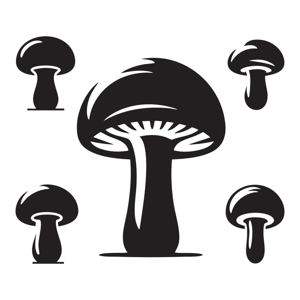 Series of mushrooms silhouetted in dark against white background vector
