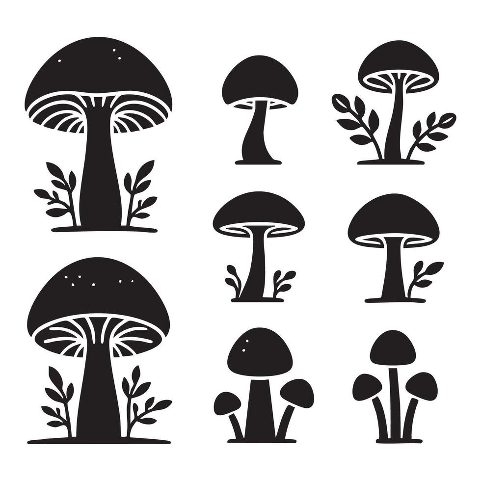 Lineup of different mushroom silhouettes on white background vector