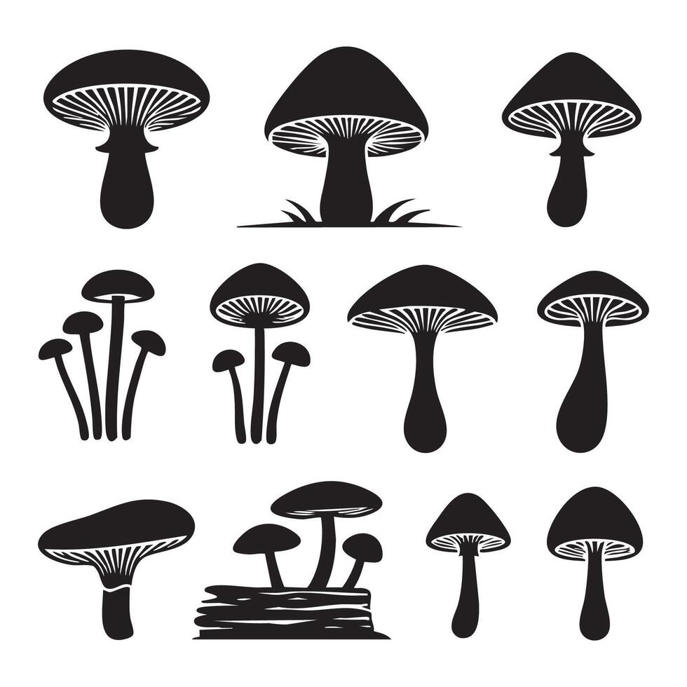 Array of mushroom silhouettes resting on white surface vector