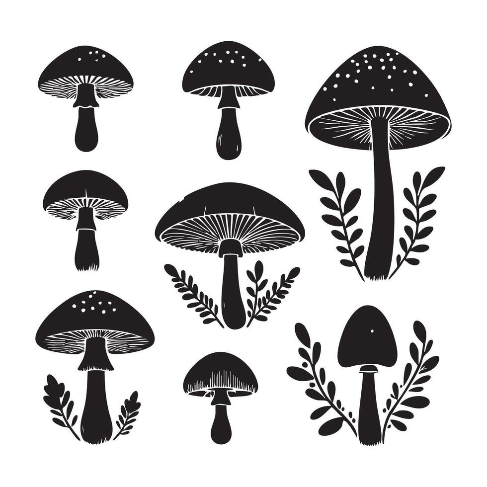 Row of mushroom silhouettes contrasting against white vector