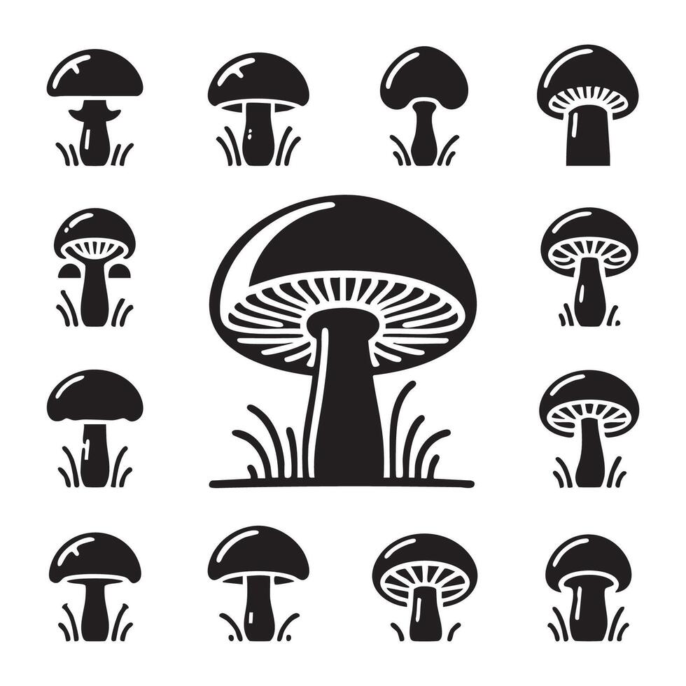 Dark mushroom outlines on a stark white background vector