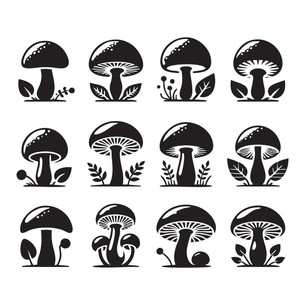 A collection of mushroom silhouettes on a white background vector