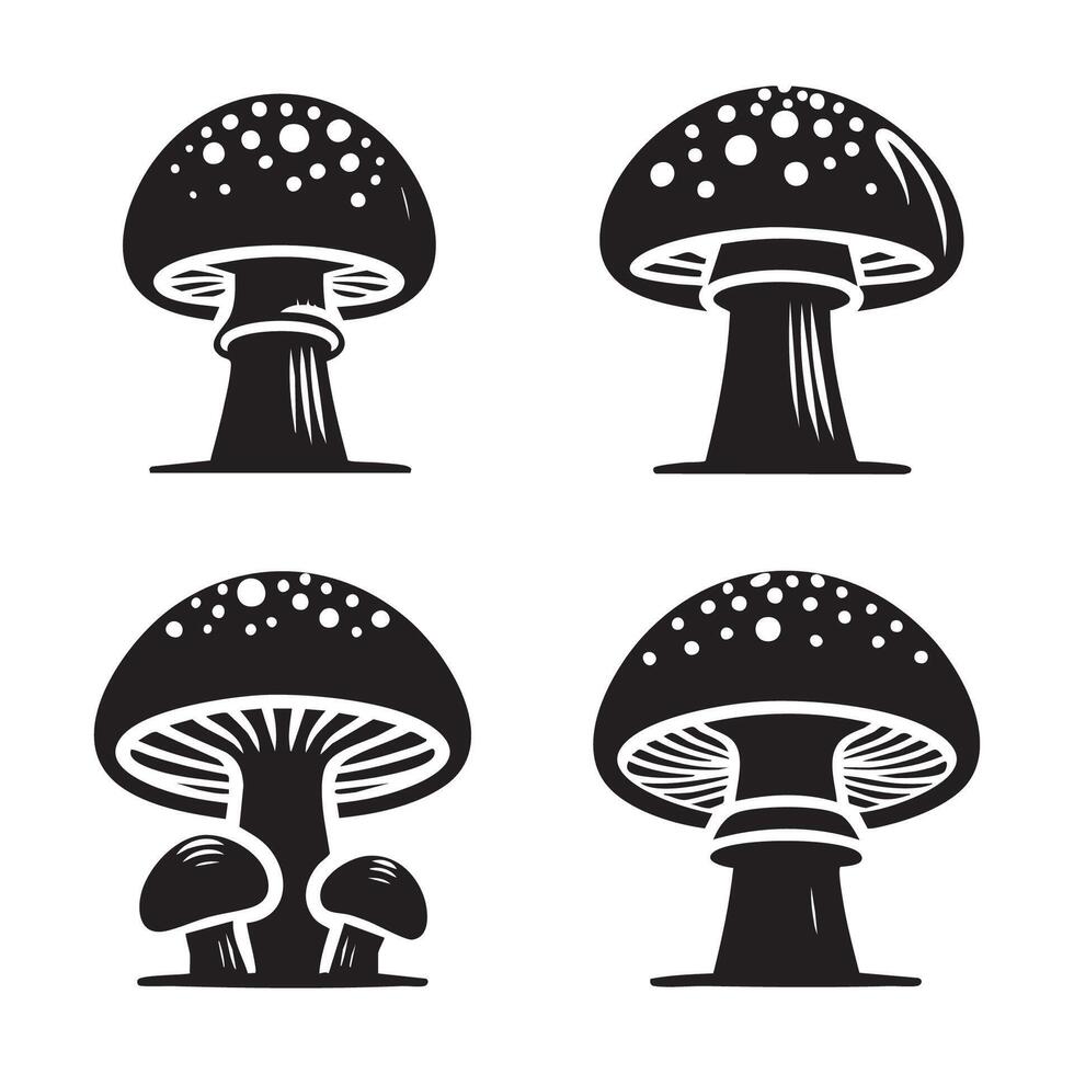 Collection of mushroom shapes silhouetted on white background vector