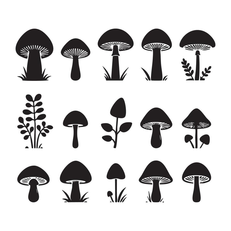 Collection of fungi silhouettes on a white background vector