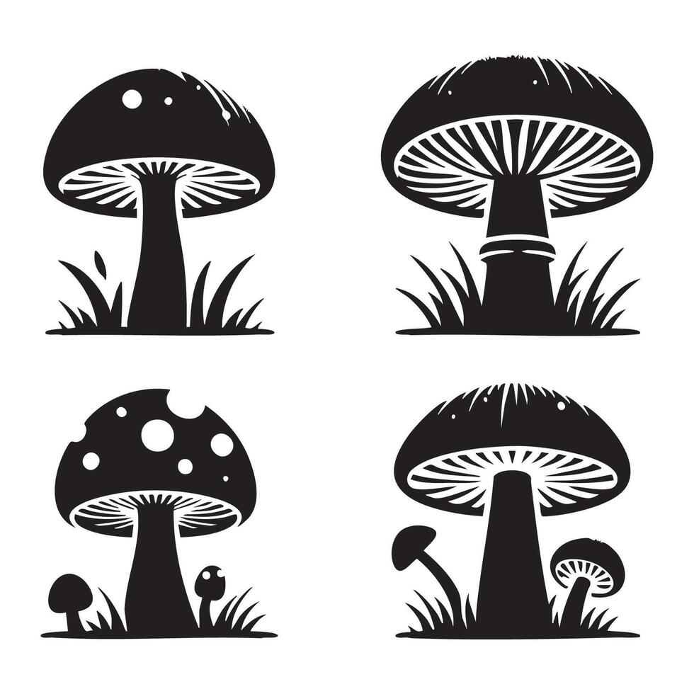Set of various mushroom silhouettes on a white surface vector