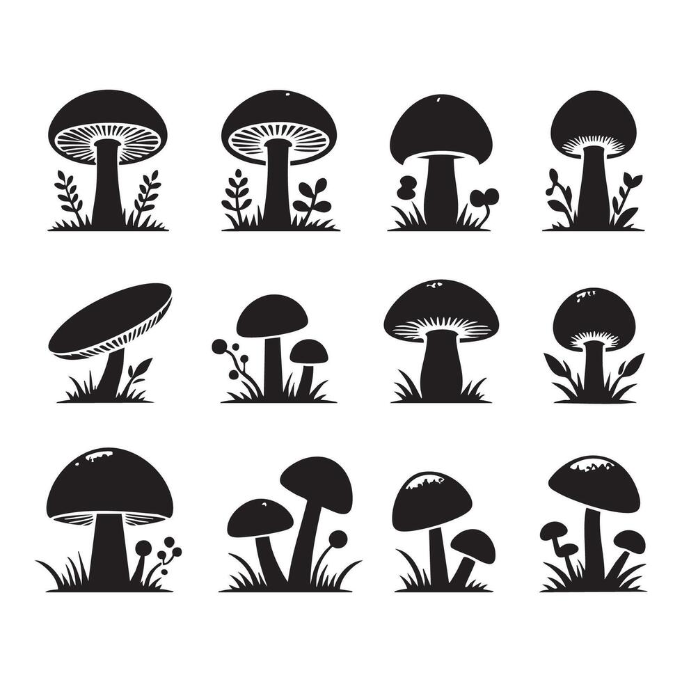 Grouped mushroom silhouettes set against white background vector