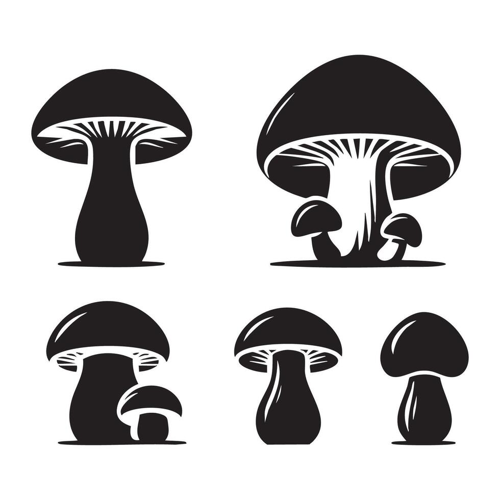 Selection of dark mushroom silhouettes on white background vector