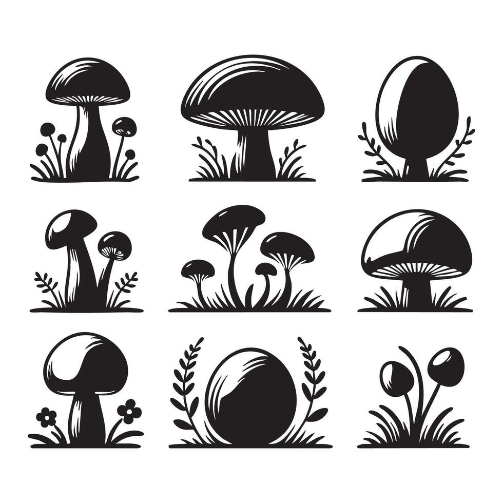 Selection of mushroom silhouettes on a blank white background vector