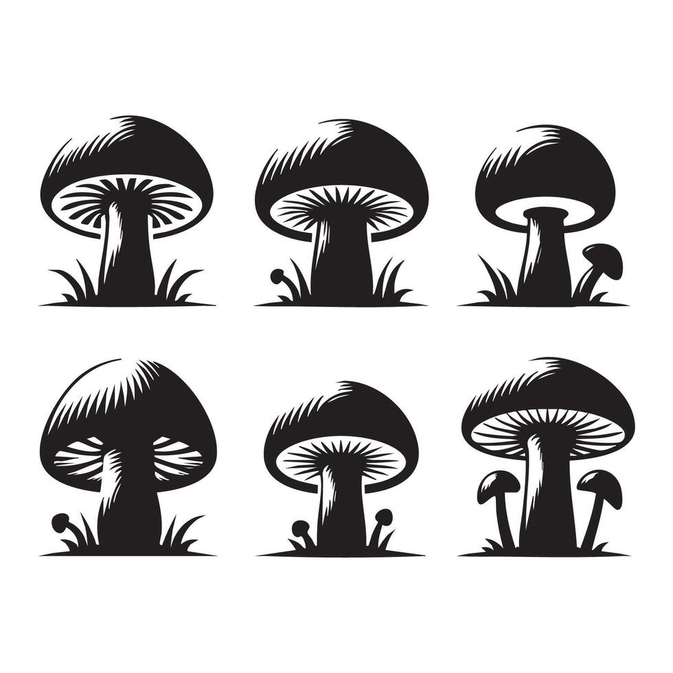 Cluster of mushroom silhouettes arranged on a white background vector