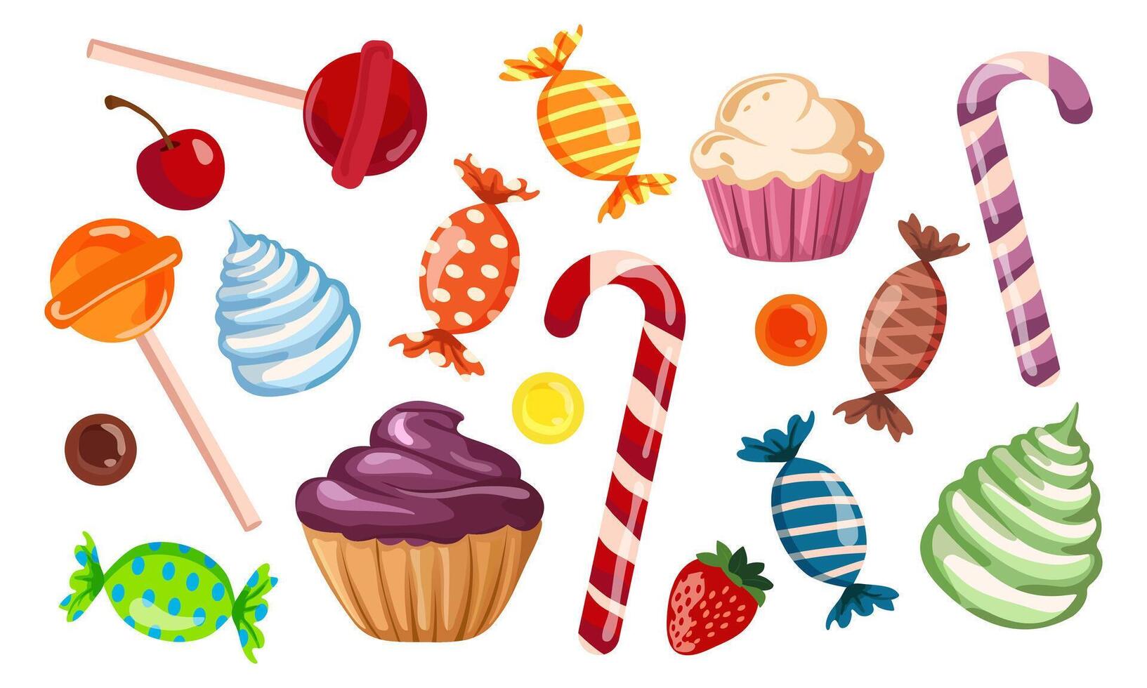 Set of sweets Various sweets, marshmallows, lollipops, cupcakes, candies in glossy wrappers for Halloween and Christmas holidays. Confectionery, sweets and desserts illustration on white vector