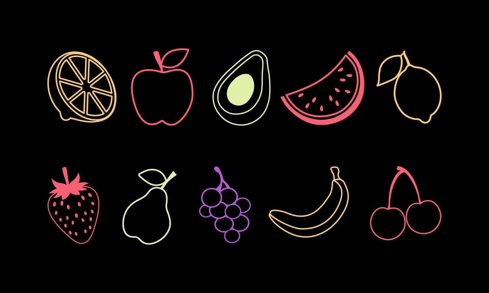 Set of fruit icons in outline on black background vector