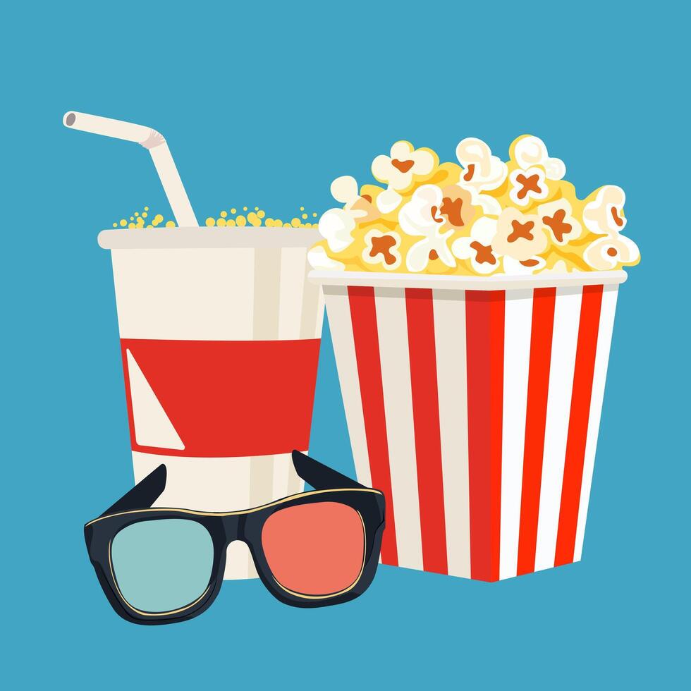 Popcorn, soda glass and 3d movie glasses isolated on turquoise background. Elements on the theme of the movie theater. Snacks. illustration vector