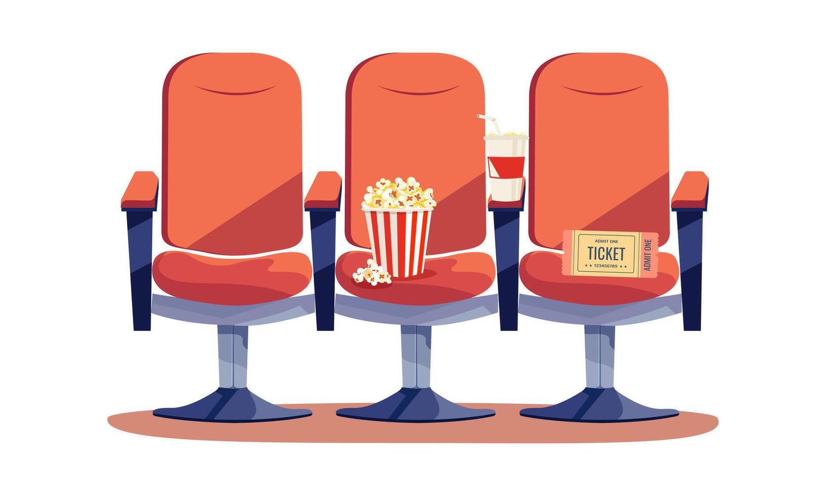 Red chairs, popcorn and soda for watching a movie. Movie ticket. Isolated on white background. Horizontal banner in flat style. illustration vector