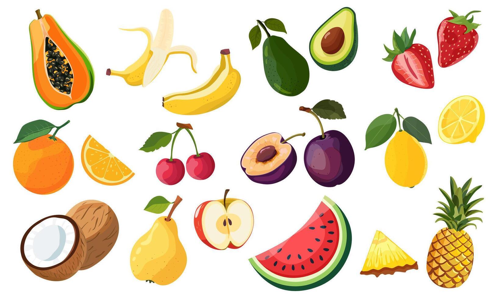 Set of fruit and berry icons. Natural tropical fruits. Papaya, banana, avocado, pineapple, coconut, strawberry, watermelon, orange, lemon, cherry, plum, pear, apple. illustration. Isolatedlate vector