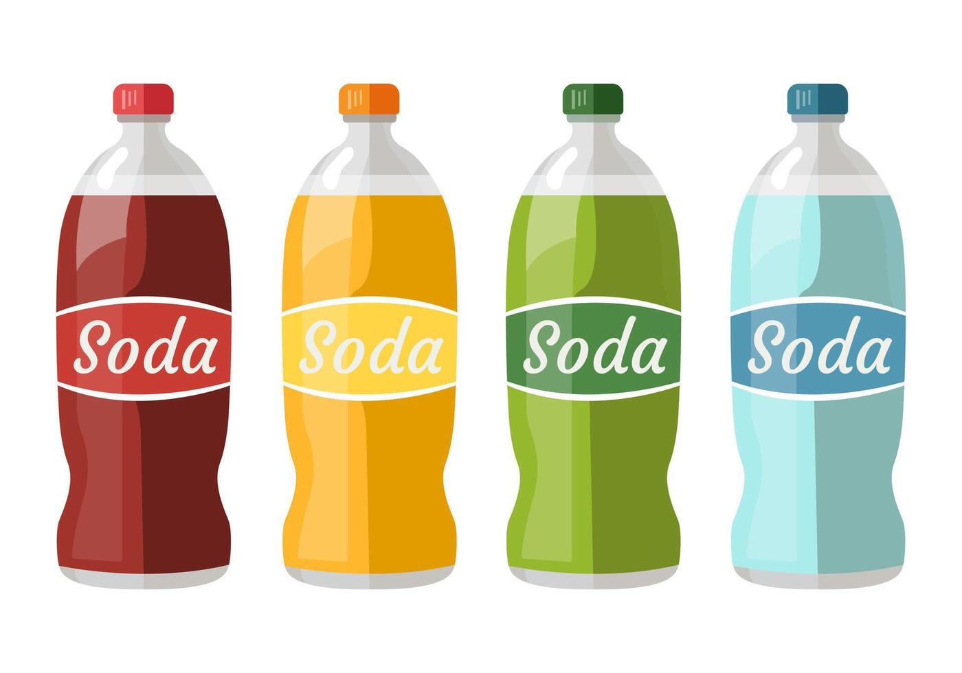 Sweet soda bottle and faceted glass with drink. Flat icons of soda water isolated on white background vector