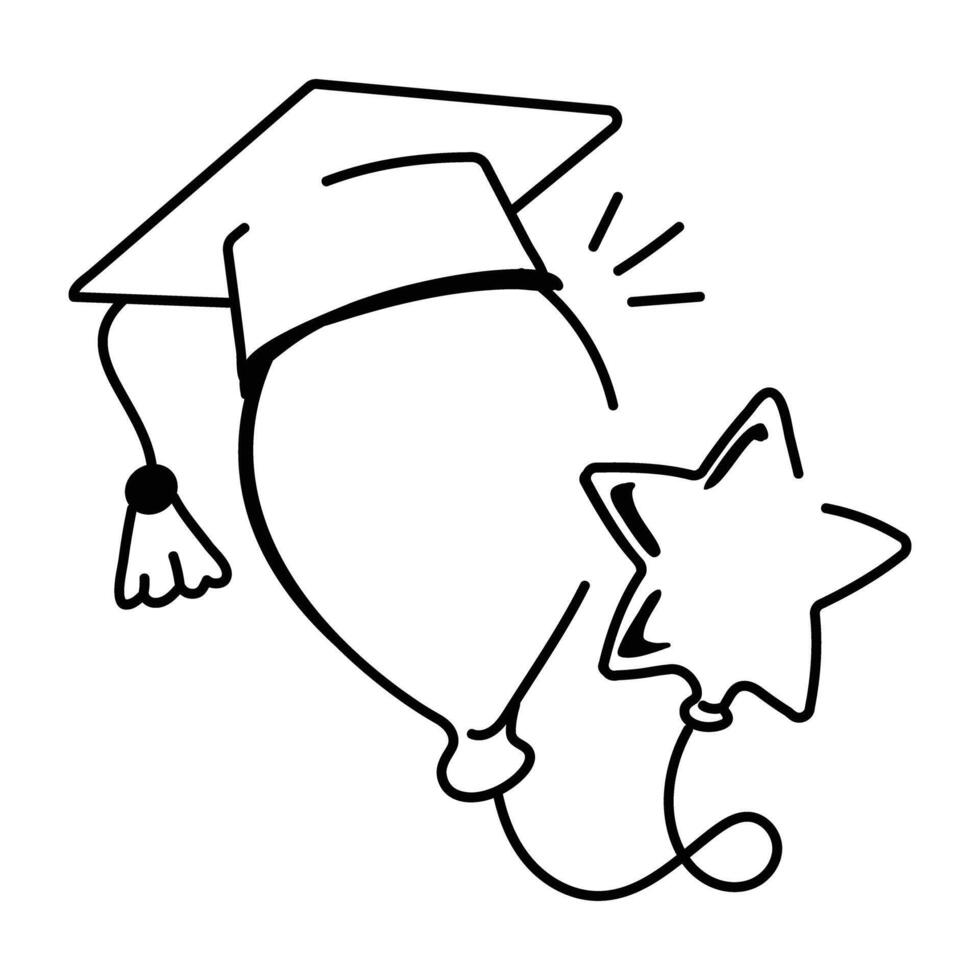 Graduation cap with a star, doodle style icon vector